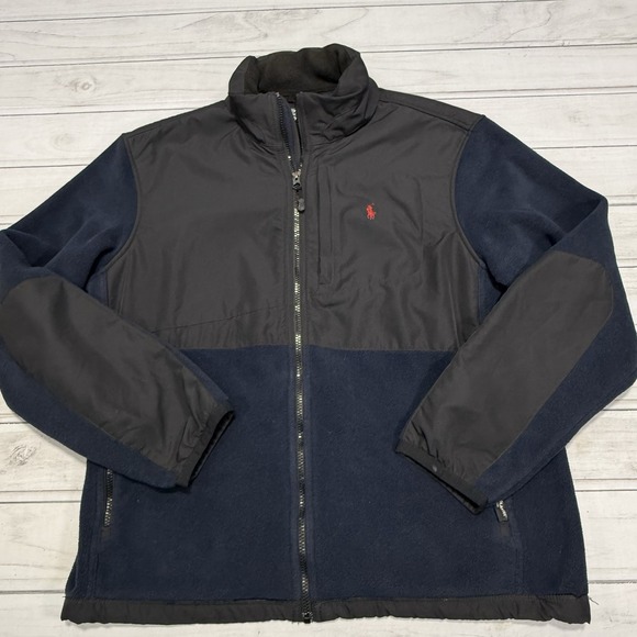 Polo Ralph Lauren Other - Polo Ralph Lauren Jacket L Black Blue Polartec Hooded Fleece Full Zip VTG 90s